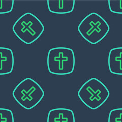 Line Christian cross icon isolated seamless pattern on blue background. Church cross. Vector
