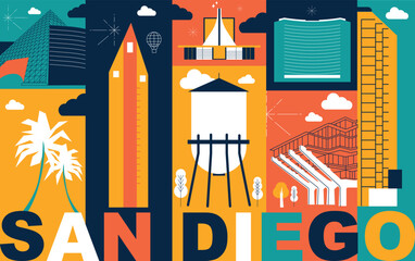 Typography word "San Diego" branding technology concept. Collection of flat vector web icons, culture travel set, famous architectures, specialties detailed silhouette. American famous landmark.