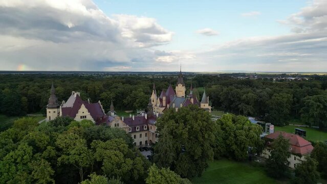 Aerial view of Moszna castle (Zamek w Mosznej) near Opole, Poland