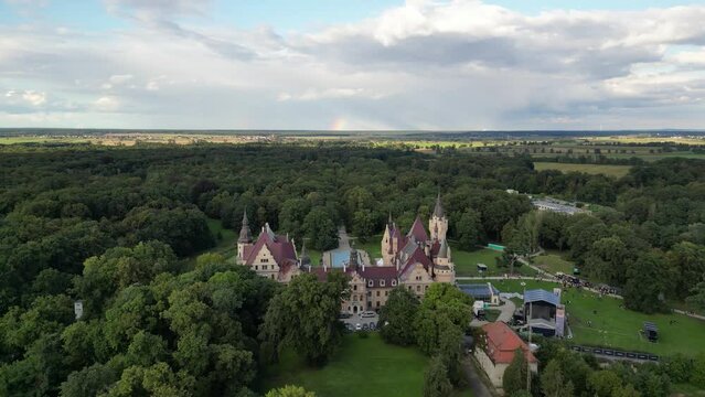 Drone view of Moszna castle (Zamek w Mosznej) near Opole, Poland