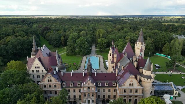 Aerial shot of Moszna castle (Zamek w Mosznej) near Opole, Poland