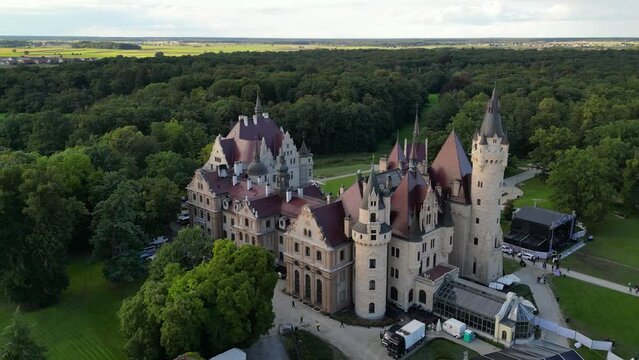 Drone shot of Moszna castle (Zamek w Mosznej) near Opole, Poland
