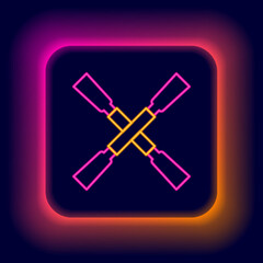 Glowing neon line Oars or paddles boat icon isolated on black background. Colorful outline concept. Vector