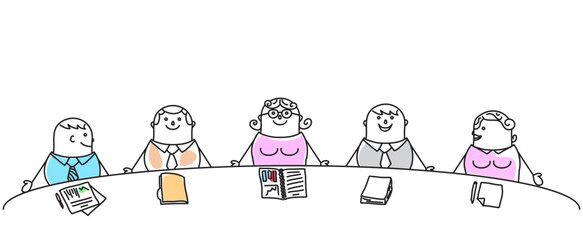 Hand drawn Cartoon business meeting. Group of men and women sitting in conference room at a big table. Women in leadership role.