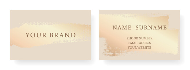 Business card with luxury. Creative art pattern with gold brush stroke, paint drop (spot) on beige background. Formal premium template for invitation design, Gift card, voucher or luxe name 