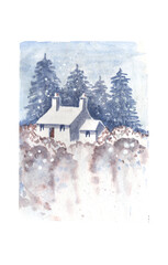 postcard, snowy fir trees and a house in the snow, beautiful and bright design