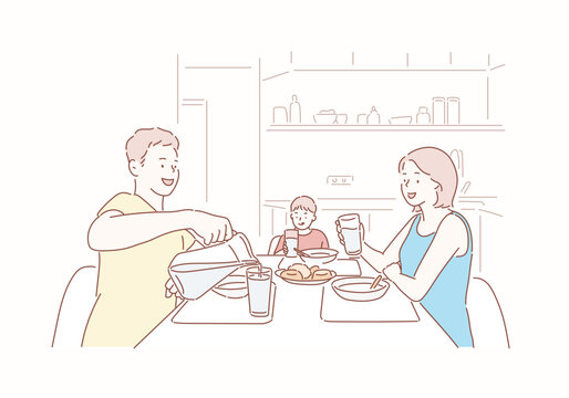 Family laughing around a good meal in kitchen. Hand drawn style vector design illustrations.