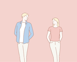 Faithful.Couple expressing sincere feelings while looking into each others eyes and being comfortable. Hand drawn style vector design illustrations.