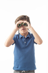 Child with binoculars on white background.