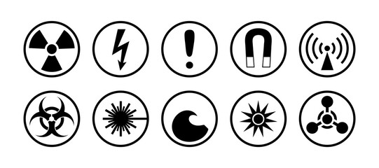 Danger signs and symbols set. Round pictogram, icons for radiation, biological and chemical hazards. Informing about risks and precautions. Symbol, sign of high voltage and radio emission.