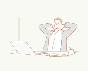 A time for relax. Young, happy businessman is relaxing in his office. Hand drawn style vector design illustrations. 