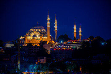 Istanbul Suleymaniye Mosque evening view. historical Suleymaniye Mosque. A work of architect Sinan. Selective focus.
