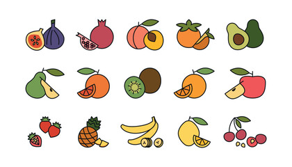 Set colored outline fruit icons. Vector illustrations of fruits and berries in color line art style. Proper nutrition and healthy food. Colorful vegetarian vegan food icons for web site or mobile app.