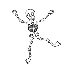 Line art dancing skeleton. Vector illustration, magic Halloween decorative element. Halloween outline silhouette skeleton character. Funny deadman character made of bones, isolated on white background