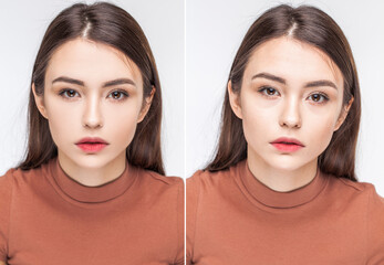 Collage before and after retouching. Close up portrait of a young beautiful brunette women