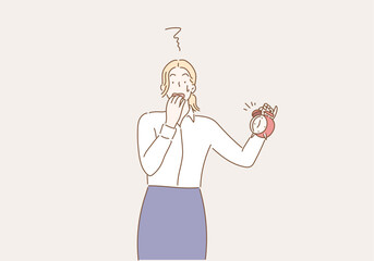 Anxious business woman holding alarm clock. Hand drawn style vector design illustrations.