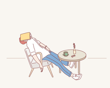 Young man with book sleeping in armchair at cafe. Hand drawn style vector design illustrations.