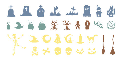 Set of Halloween silhouettes icon and character. Collection of pastel colored silhouettes of Halloween isolated on white background. Vector illustrations - magic decorative elements