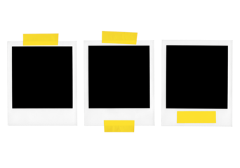 blank polaroid photo frames with tape on removed background, isolated, png file