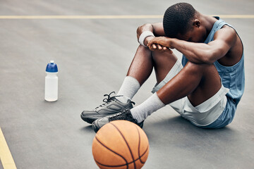 Tired, depression or sad basketball player with training gear after game fail, mistake or problem....