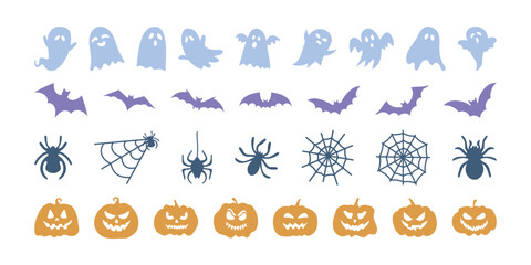 Set of Halloween silhouettes icon and character. Collection of pastel colored silhouettes of Halloween isolated on white background. Vector illustrations - pumpkins, ghosts, bats and spiders, cobwebs.