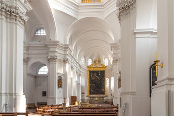 Nice interior view looking towards the apse with the monumental oil painting of the crucifixion in...