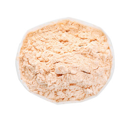 Lentil flour in paper bag isolated on white, top view