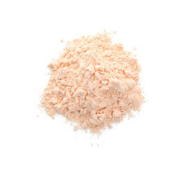 Pile of lentil flour isolated on white, top view