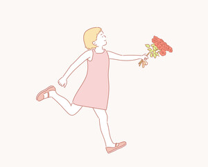 Running women with a bouquet of flowers. Hand drawn style vector design illustrations.