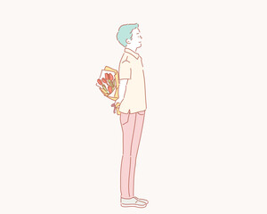 Young beautiful man with flowers. Hand drawn style vector design illustrations.