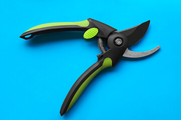 Secateur on light blue background, top view