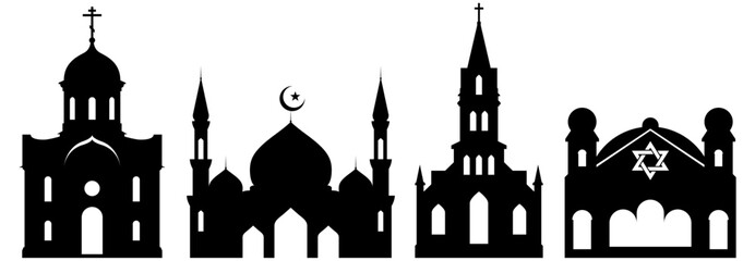 Religious buildings, church, mosque and synagogue, silhouette of cathedral, vector