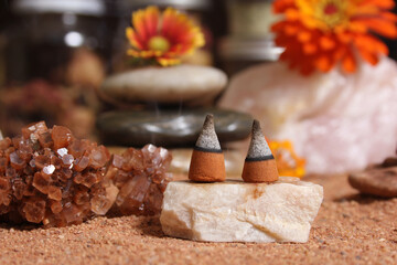 Aragonite Crystal With Incense Cones on Australian Red Sand