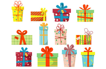 Set of gift boxes for the New Year holiday, Christmas and birthday isolated on a white background. Stock vector illustration.