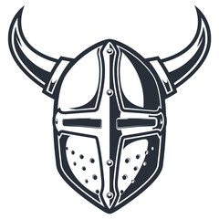 Horned crusader helmet, knight headpiece, helmet with horns, vector