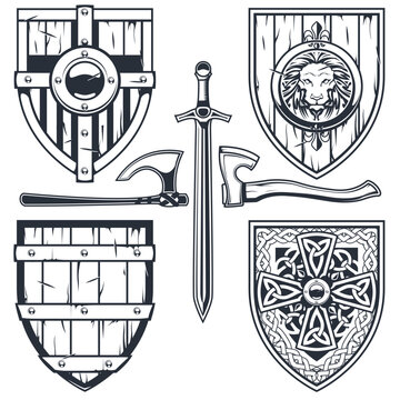 Set of medieval shields with celtic pattern and ornaments, knight armor, chivalry shields, vector