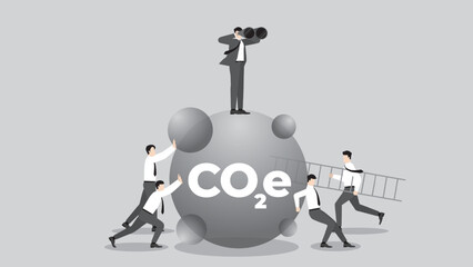 ESG and green business policy concept of net zero emission, carbon footprint, carbon dioxide equivalent, global greenhouse gas, save the world. Visionary businessmen and teamwork look for opportunity.
