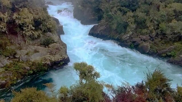 river rapids at huka falls near taupo or rotorua north island new zealand, landscape with water, rocks and trees. High quality photo