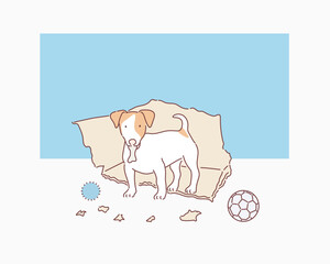 Naughty dog left home alone, sitting in the middle of mess on the floor. Disobedient dog with bad behavior. Hand drawn style vector design illustrations.