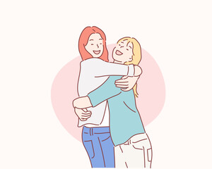 Two girls friends laughing and hugging. Hand drawn style vector design illustrations.