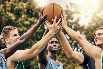 Training, friends and community support by basketball players hand connected in support of sports...