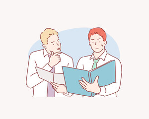 Colleagues discussing documents and ideas at office. Hand drawn style vector design illustrations.