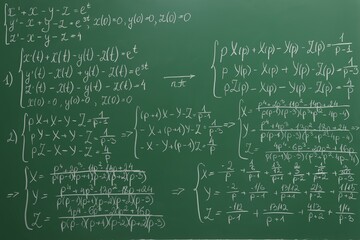 Many different math formulas written on chalkboard