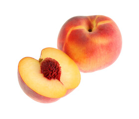 Naklejka na ściany i meble Whole and cut ripe peaches isolated on white