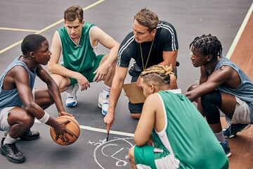 Basketball, team and sport teamwork coach match planning a fitness exercise and game. Motivation,...