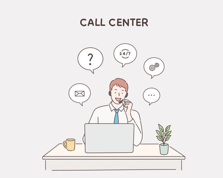Customer service using laptop with speech bubble to communication. Hand drawn style vector design illustrations.