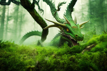 3 d render. Forest green magical dragon on the background of the enchanted forest