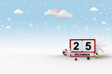 Christmas background with white wooden calendar on DECEMBER 25 decorated with falling snow in winter day with copy space. 3D rendering.