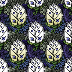 Seamless pattern with hand drawn tulip and paisley element. Tribal ethnic seamless pattern. Ethnic ornamental background. Vector illustration.