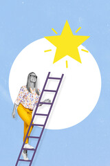 Composite collage picture image of ambition confident businesswoman climb lift career ladder top promotion reach star moon dream night sky © deagreez